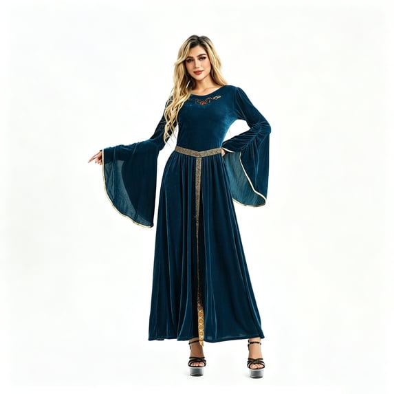 Velvet Witch Long Dress, Queen Costume Women, Queen Dress, Women Renaissance Dress Medieval Costume for Women Long Dress Plus Size Velvet Queen Dresses Halloween Costume, Blue L