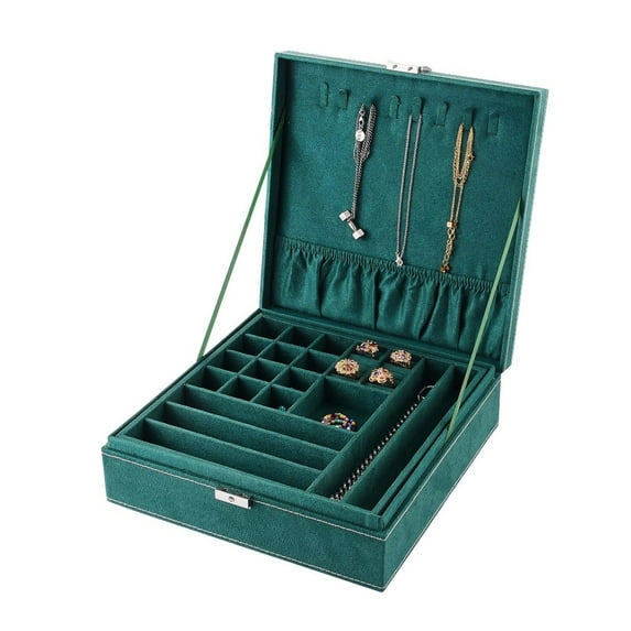 Velvet & Wood Jewelry Boxes Portable Jewelry Storage Case with Alloy Lock for Ring Earrings Necklace Rectangle Sea Green 26.4x26.6x8.3cm