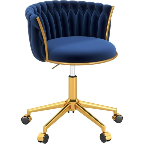 Velvet Woven Home Office Chair, Modern Swivel Desk Chair with Wheels, Height Adjustable Vanity Chair with Gold Metal Base and Hand Weaving Back for Bedroom Study Computer Room, Navy Blue