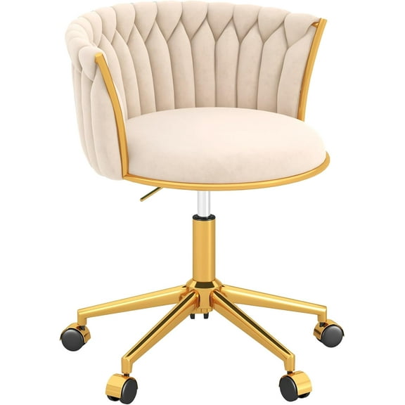Homedraft Velvet Woven Home Office Chair, Modern Swivel Desk Chair with Wheels, Height Adjustable Vanity Chair with Gold Metal Base and Hand Weaving Back for Bedroom Study Computer Room, Beige