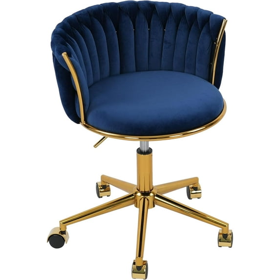 Velvet Woven Home Office Chair, Modern Swivel Desk Chair with Wheels, Height Adjustable Vanity Chair with Gold Metal Base and Hand Weaving Back for Bedroom Study Small Space, Navy Blue