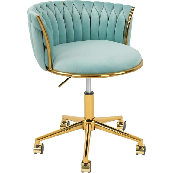Velvet Woven Home Office Chair, Modern Swivel Desk Chair with Wheels, Height Adjustable Vanity Chair with Gold Metal Base and Hand Weaving Back for Bedroom Study Small Space, Cyan