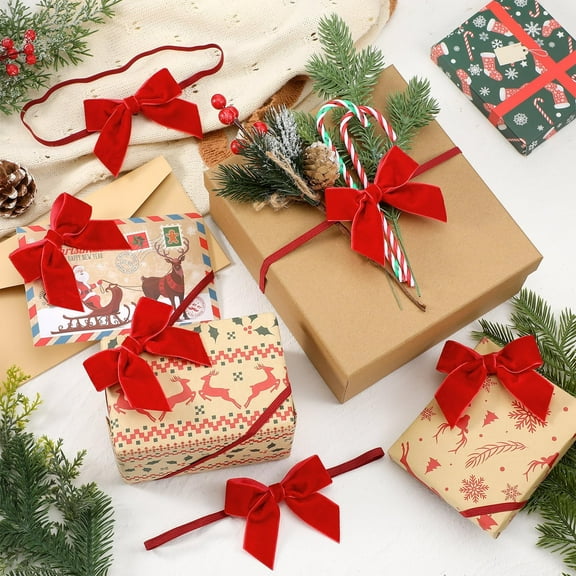 Velvet Xmas Bows for Gift Wrap,Velvet Christmas Bows For Gift Wrapping Stretch Loops With Pre Tied Bows Elastic Gift Bows Crafts For Christmas Boxes Wrapping Xmas Tree Decor,Watermelon Red,