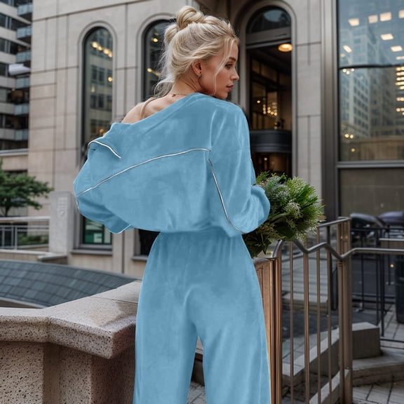 Velvet Zip Up Long Sleeve Jacket And Straight Leg Pants Set For Fall And Winter Fashion Wide Leg Romper Tuxedo Pants for Women Thermal Overalls Vest Skirt Suit Snow Women plus Size Jumpsuits for Women
