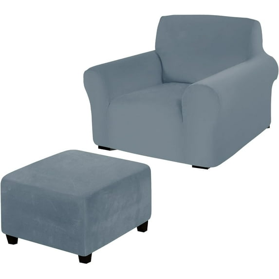 Velvet armchair cover with ottoman cover set, Stretch single sofa slipcover with square footstool cover for Armchair Bundle Ottoman (Grey Blue,armchair cover+ottoman cover)