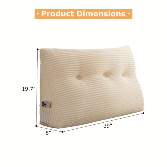 Velvet triangular bed rest pillow with side pockets, removable cover, fits all bed sizes