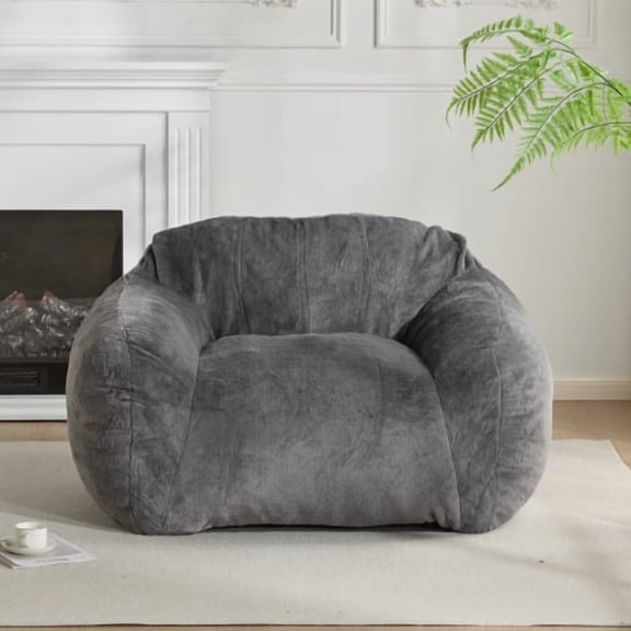 Velvety Faux-Fur Bean Bag Chair with Shredded Foam & Space-Saving for Living Room, Grey