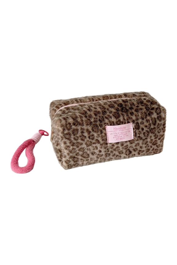 Velvety Makeup Bag With Reinforced Zippers Leopards Print Toiletry Pouches Spacious Portable Carry Case For Cosmetics
