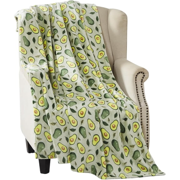 Velvety Soft Avocado Fleece Throw Blanket: Dark Light Green White Avocados with Leaves Design Cozy Velvet Plush Blanket for Kids and Adults