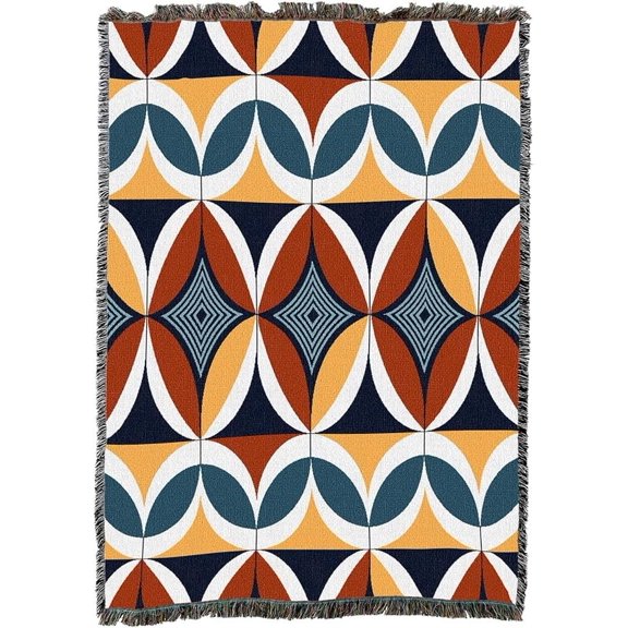 Velvoria Mid Century Modern Woven Cotton Throw Blanket, Retro Geometric Tapestry Wall Art, Fringed, Made in USA, 52 x 37 in