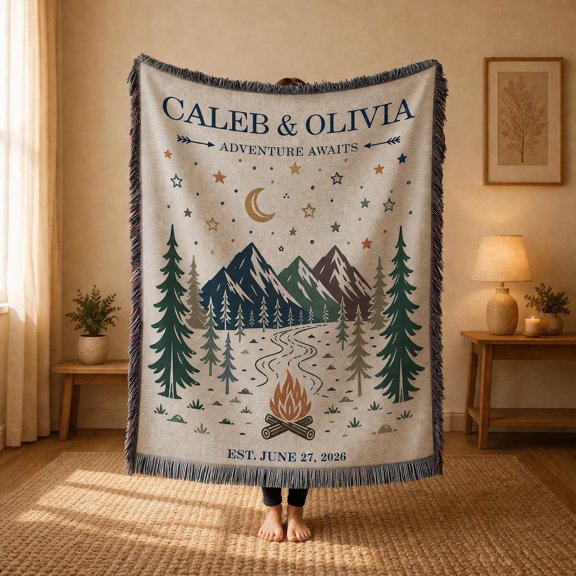 Velvoria Personalized Camping Woven, Custom Couple Names Date Throw, 80 x 60 in