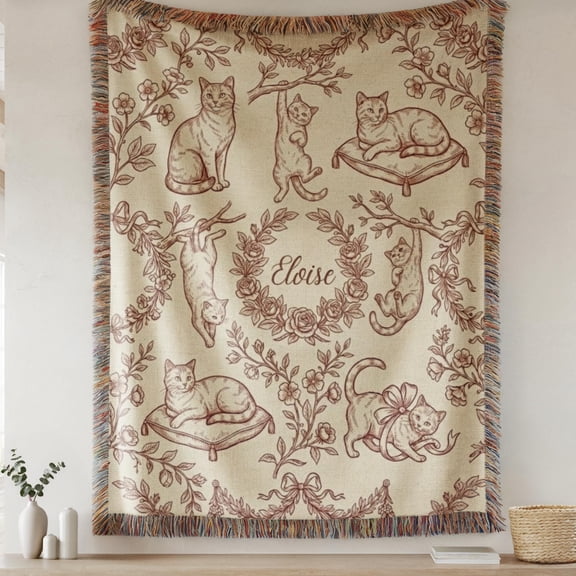 Velvoria Personalized Cat Floral Woven Cotton Blanket with Fringe, Custom Name Throw, 80 x 60 in