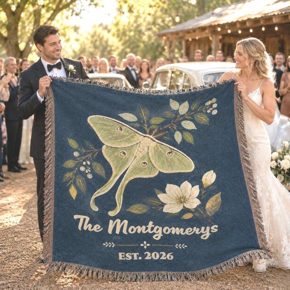 Velvoria Personalized Family Name Woven Cotton, Luna Moth Floral Throw, 52 x 37 in