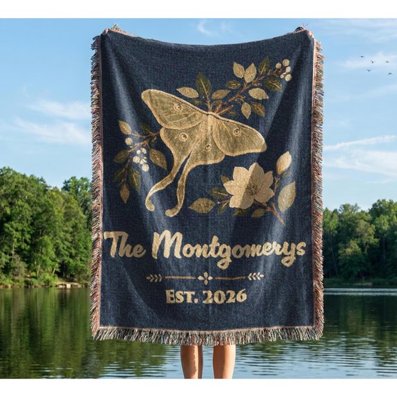 Velvoria Personalized Family Name Woven Cotton, Luna Moth Floral Throw, 80 x 60 in