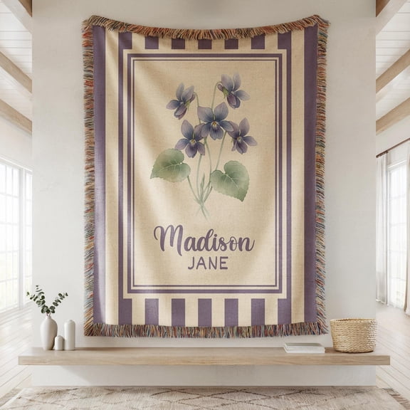Velvoria Personalized Iris Flower Woven Blanket, Custom Name Cotton Throw with Fringe, 52 x 37 in
