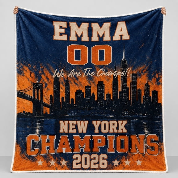 Velvoria Personalized New York Champions Sherpa Blanket - Custom Name & Number Fleece Throw, NYC Skyline Sports Fan Gift, 280gsm