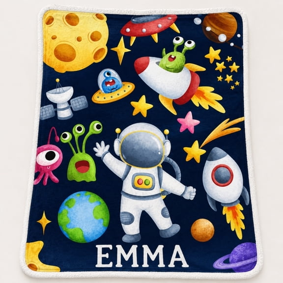 Velvoria Personalized Space Astronaut Sherpa Blanket for everyday spaces - Custom Name Soft Fleece Throw, Outer Space Rockets & Planets, Made in USA