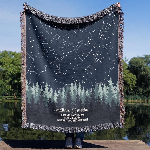 Velvoria Personalized Star Map Woven Cotton, Custom Name Date Location Throw, 80 x 60 in