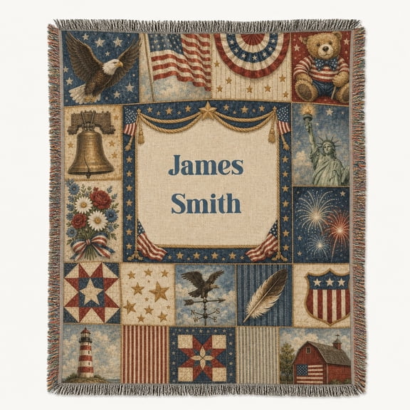 Velvoria Personalized Vintage Americana Red White and Blue Woven Blanket 100% cotton Patriotic Patchwork Home Decor, 80 x 60 in