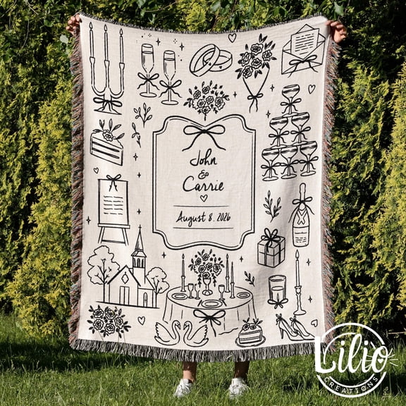Velvoria Personalized Wedding Woven Blanket, Custom Names Date Cotton Throw with Fringe, 80 x 60 in