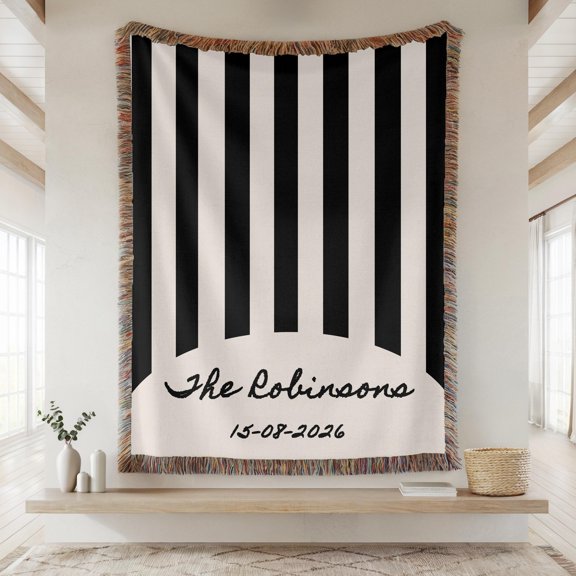 Velvoria Personalized Woven Cotton Blanket with Name & Date, Fringed Custom Throw, 80 x 60 in