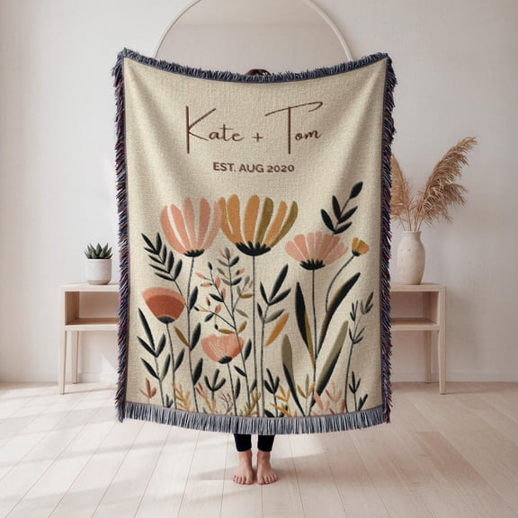 Velvoria Personalized Woven Cotton, Custom Couple Name Date Floral Throw, 52 x 37 in
