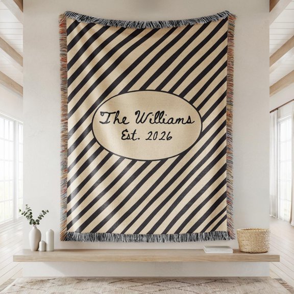 Velvoria Personalized Woven Cotton, Custom Text Name Date Throw with Fringe, 80 x 60 in