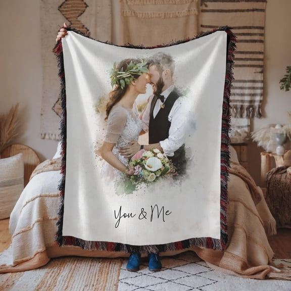 Velvoria Personalized Woven Cotton Photo, Custom Text Throw with Fringe, 80 x 60 in