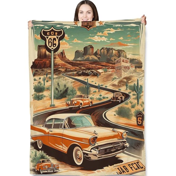 Velvoria Retro Desert Highway Sherpa Blanket – Vintage Classic Car Fleece Throw, 4, 30 x 40 in