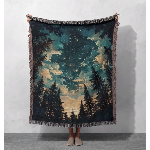 Velvoria Starry Forest Woven Cotton, Fringed Celestial Night Sky Throw, 52 x 37 in