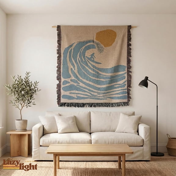 Velvoria Surf Wave Woven Throw Blanket – Minimalist Coastal Art, 100% Cotton, Fringed Edges, 3, 80 x 60 in