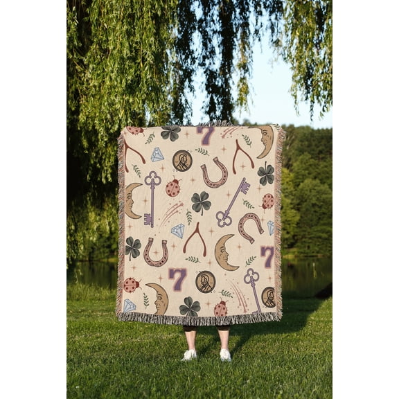 Velvoria Woven Cotton Throw Blanket with Lucky Symbols and Fringe, 80 x 60 in