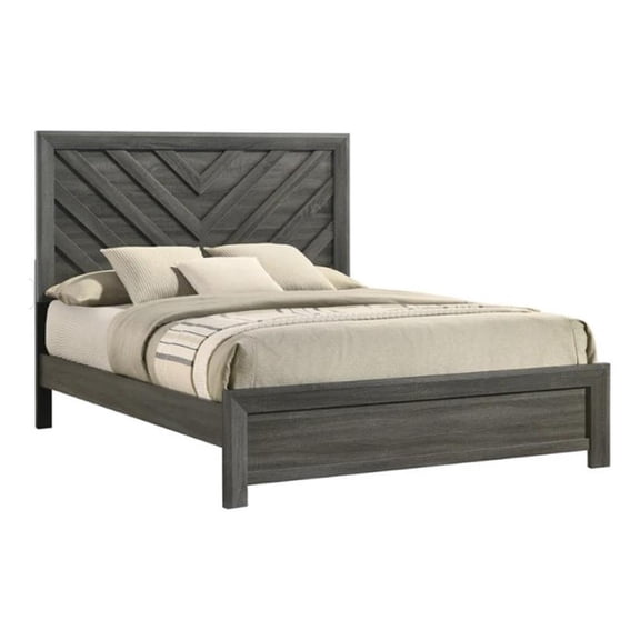 Velz Queen Size Bed w Chevron Patterned Headboard- Dark Gray Wood