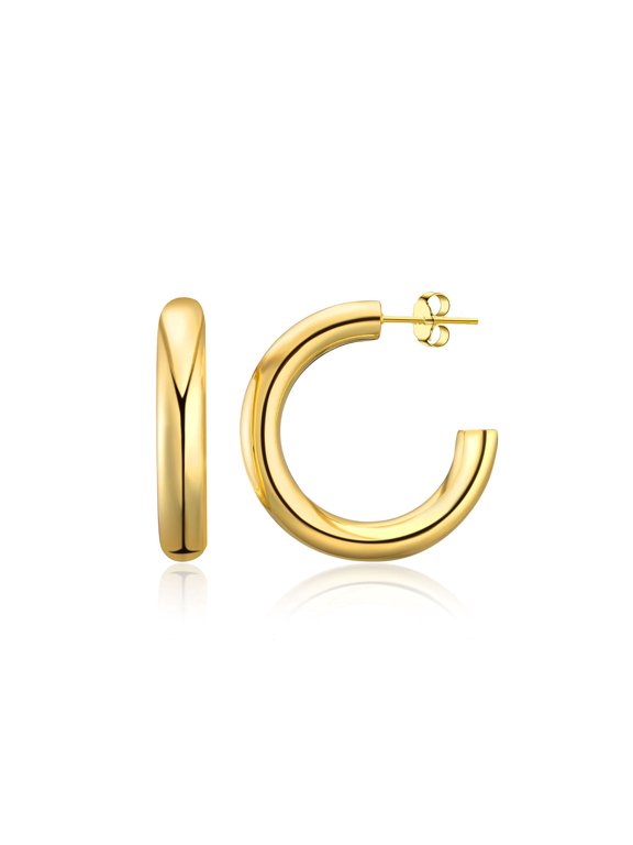 14K Yellow Gold Plated Lightweight C-shaped Open Hoop Earrings for Women | 12mm Diameter Infinity Gold Hoops Women Gift