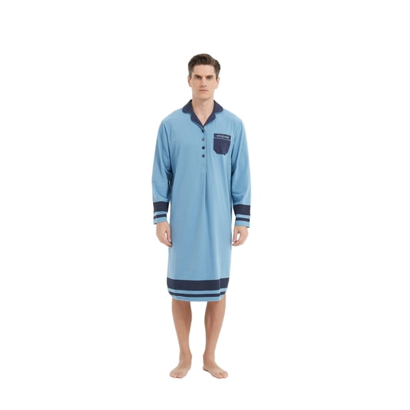 Ven Dave Men’s Cotton Stretch Long-Sleeve Collared Nightshirt, Light Blue and Navy Blue