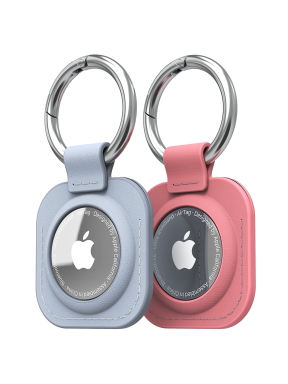 2 Pack Leather Case for Apple AirTag Holder Keychain Cover for Kids Keys, Luggage, Pet Collar, Blue and Pink