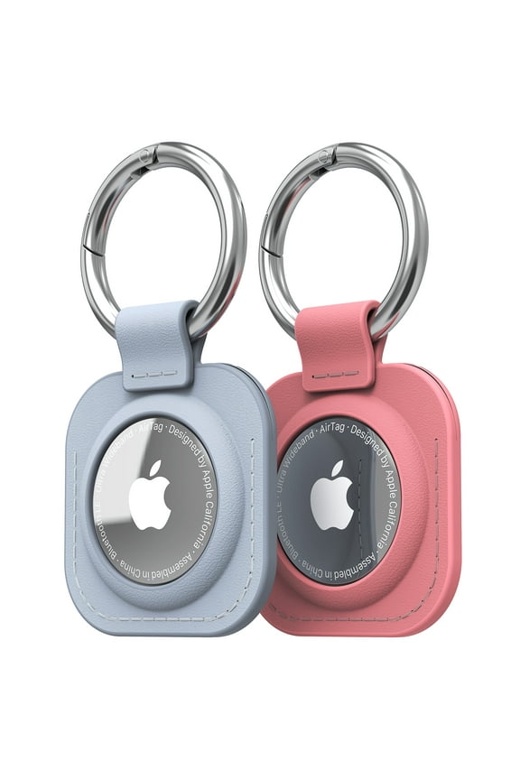 2 Pack Leather Case for Apple AirTag Holder Keychain Cover, Blue and Pink