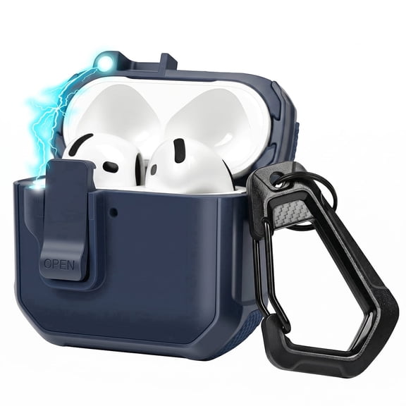 Vena for AirPods 5/ Airpods 4 Case with Lock Clip and Carabiner, Rugged Shock Absorbing Hard Shell Cover Compatible with AirPods 5th/4th Gen, Supports Wireless Charging, Blue