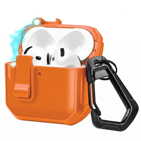 Vena for AirPods 5/4 Case with Lock Clip and Carabiner, Rugged Shock Absorbing Hard Shell Cover Compatible with AirPods 5th/4th Gen, Supports Wireless Charging, Orange