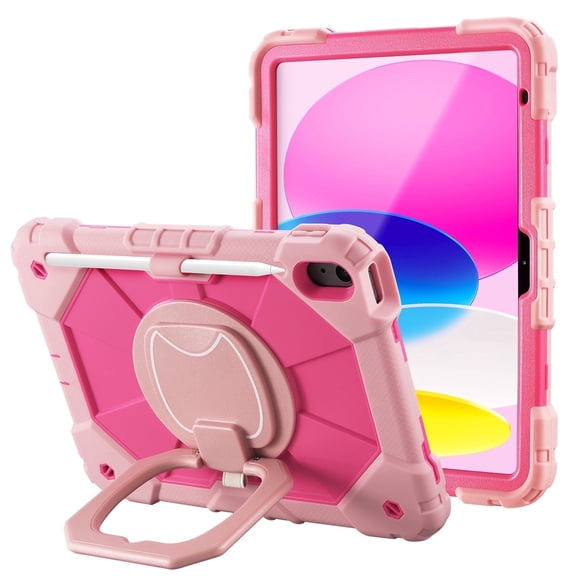 Vena For Apple iPad A16 Case For Kids (10.9"), iPad 10th Generation Case 360° Rotating Hand Strap Stand, iPad 11th Generation Cover with Pencil Holder and Shoulder Strap, Pink