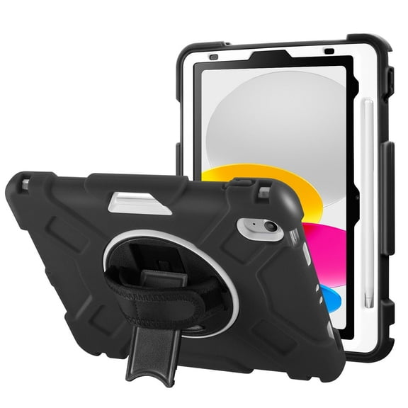 Vena For Apple iPad A16 Case with Pencil Holder, iPad 10th Generation Case 360 Rotating Hand Strap Stand, iPad 11th Generation Case Cover, Black