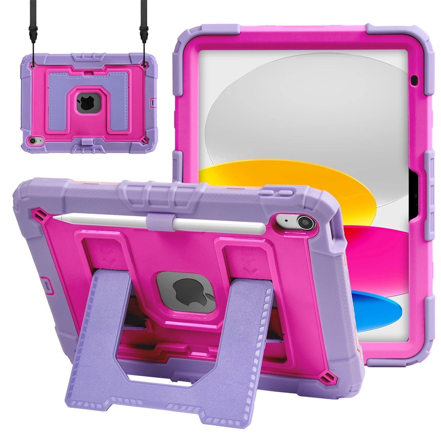Vena Kids Case For Apple iPad A16 11th Generation 11 Inch 2025, iPad 10th Gen 10.9" Protective Case Cover With Kickstand, Pencil Holder and Shoulder Strap, Purple/Rose Red