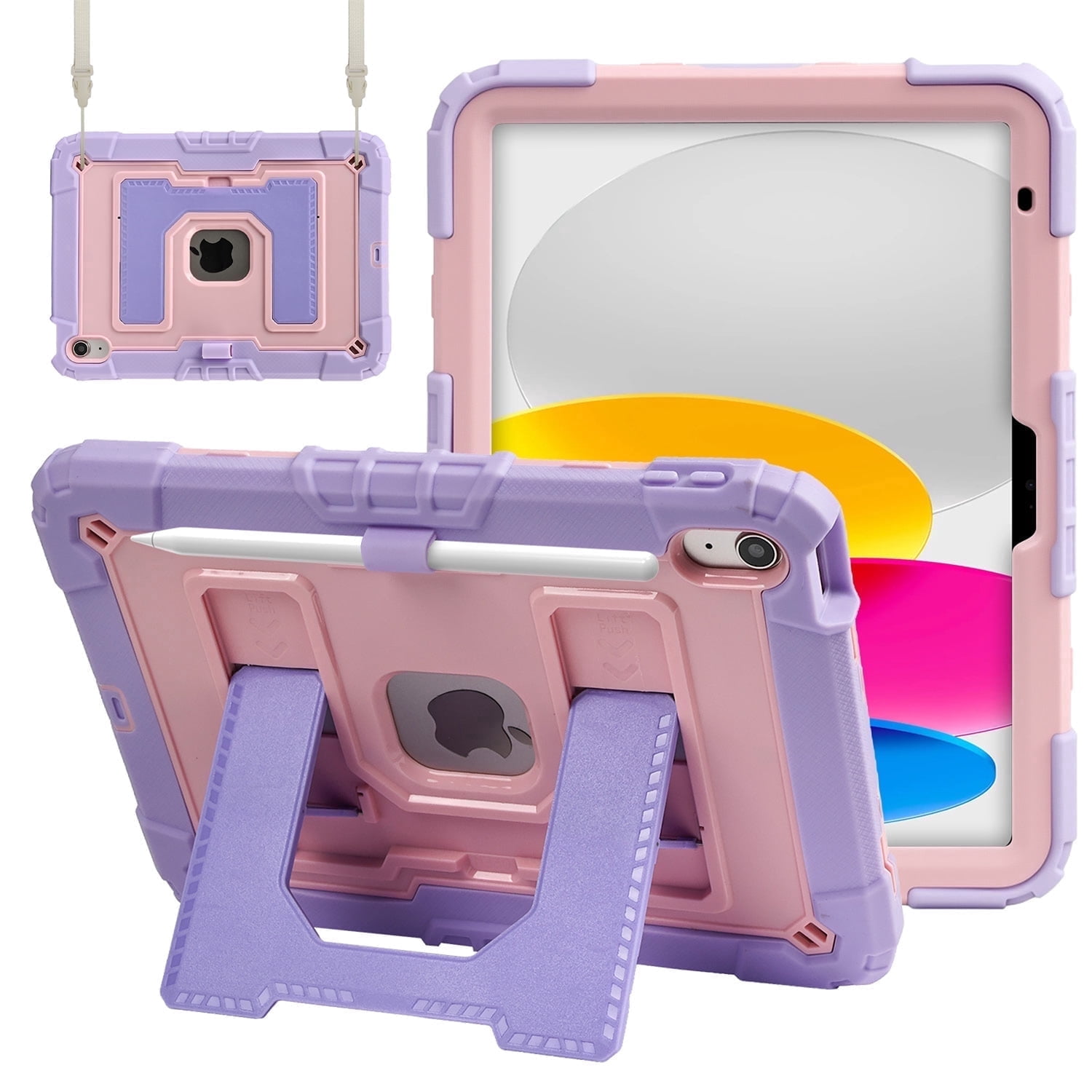 Vena Kids Case For Apple iPad A16 11th Generation 11 Inch 2025, iPad 10th Gen 10.9" Protective Case Cover With Kickstand, Pencil Holder and Shoulder Strap, Purple/Pink