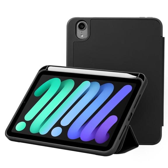 Vena For Apple iPad Mini 7 Case with Pencil Holder, iPad Mini A17 2024 Case Cover with Slim Trifold Stand, iPad Mini 6 Case Cover, Black