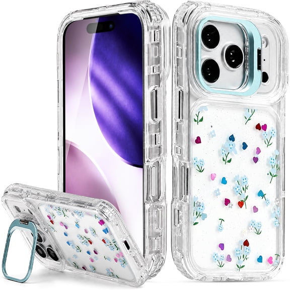 Vena For Apple iPhone 17 Pro / iPhone 18 Pro Case with Stand, Bump Resistant, Drop Protection Slim Protective Flower Phone Case with Blue Hidden Kickstand, Clear
