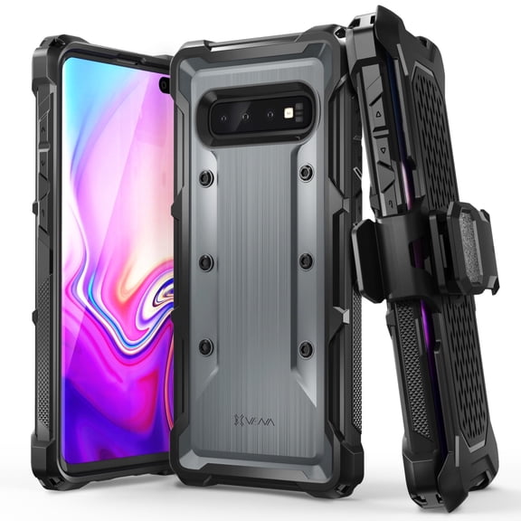 Vena vArmor Case for Samsung Galaxy S10 Plus, Rugged Military Grade Heavy Duty Protective Cover with Belt Clip Swivel Holster and Kickstand - Space Gray / Black