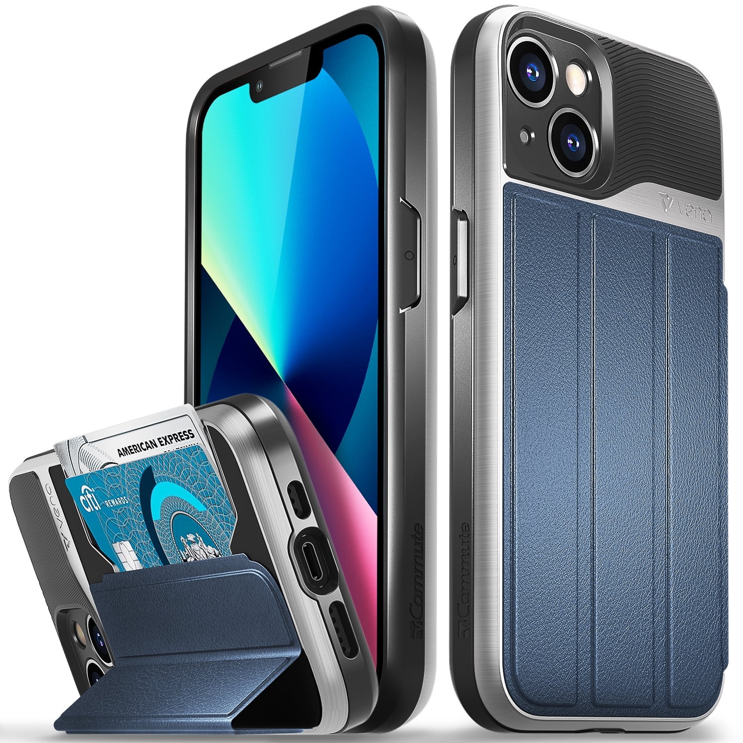 Vena Wallet Case Compatible with Apple iPhone 13 (6.1"-inch), vCommute (Military Grade Drop Protection) Flip Leather Cover Card Slot Holder with Kickstand (Blue)