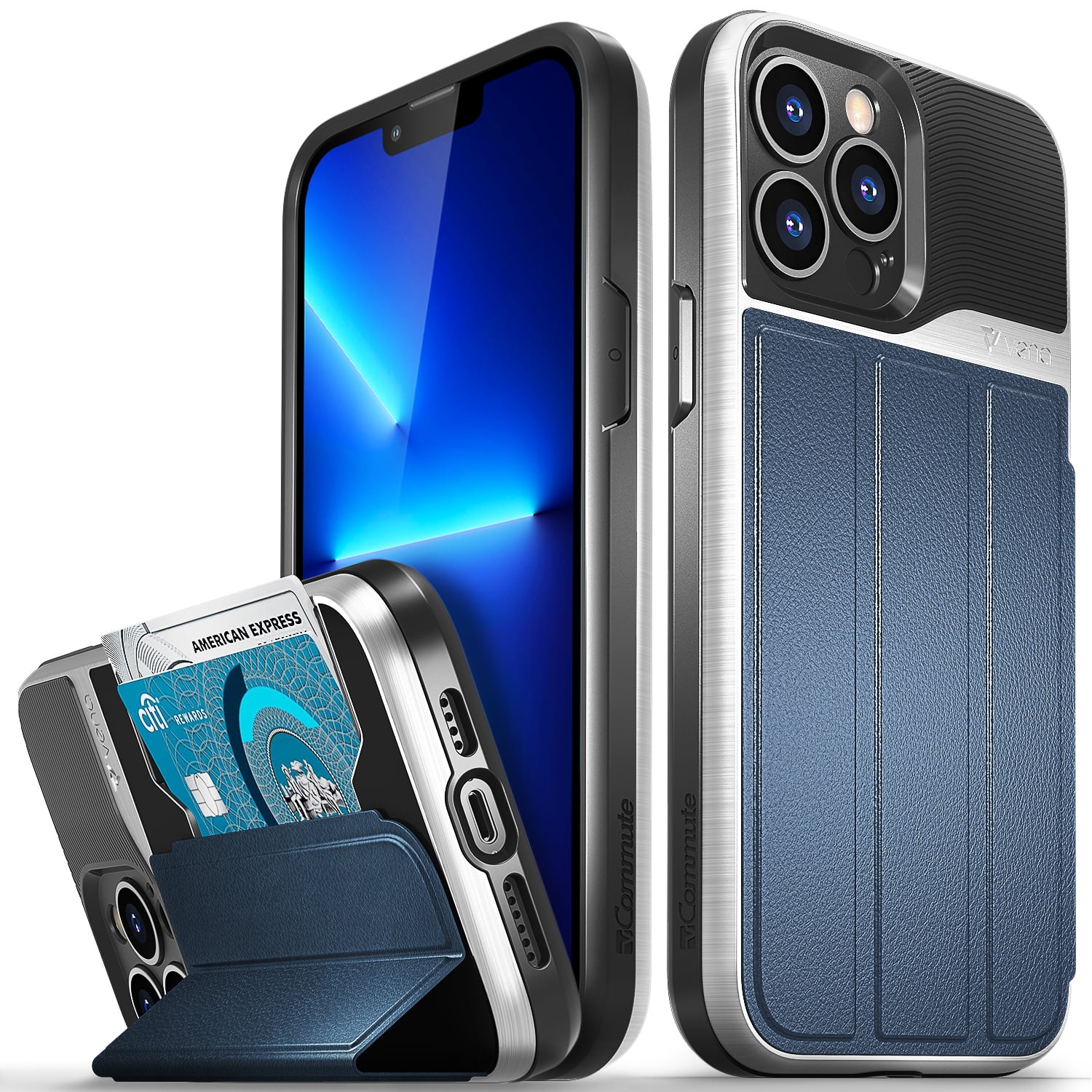Vena Wallet Case Compatible with Apple iPhone 13 Pro Max (6.7"-inch), vCommute (Military Grade Drop Protection) Flip Leather Cover Card Slot Holder with Kickstand (Blue)