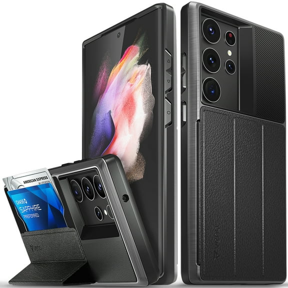 Vena Wallet Case Compatible with Samsung Galaxy S23 Ultra, vCommute (Military Grade Drop Protection) Flip Leather Cover Card Slot Holder with Kickstand - Space Gray