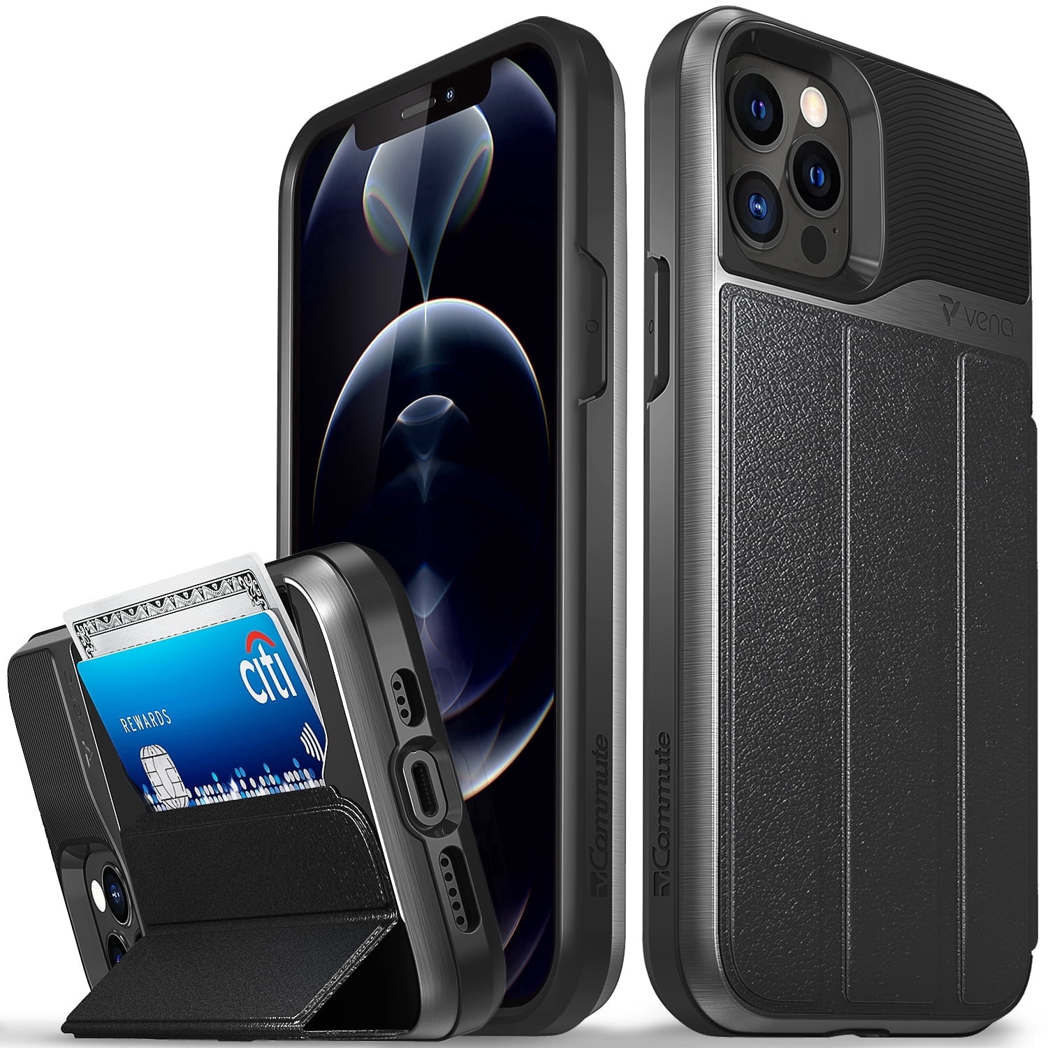 Vena iPhone 12 Pro (6.1") Wallet Case, vCommute (Military Grade Drop Protection) Flip Leather Cover Card Slot Holder with Kickstand, Designed for iPhone 12 Pro - Space Gray